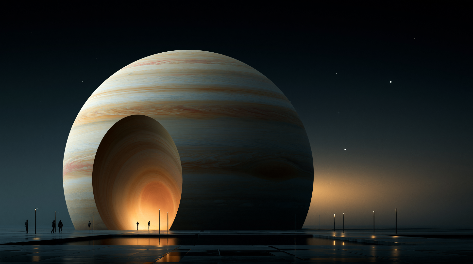 A vast planet-shaped monument at twilight